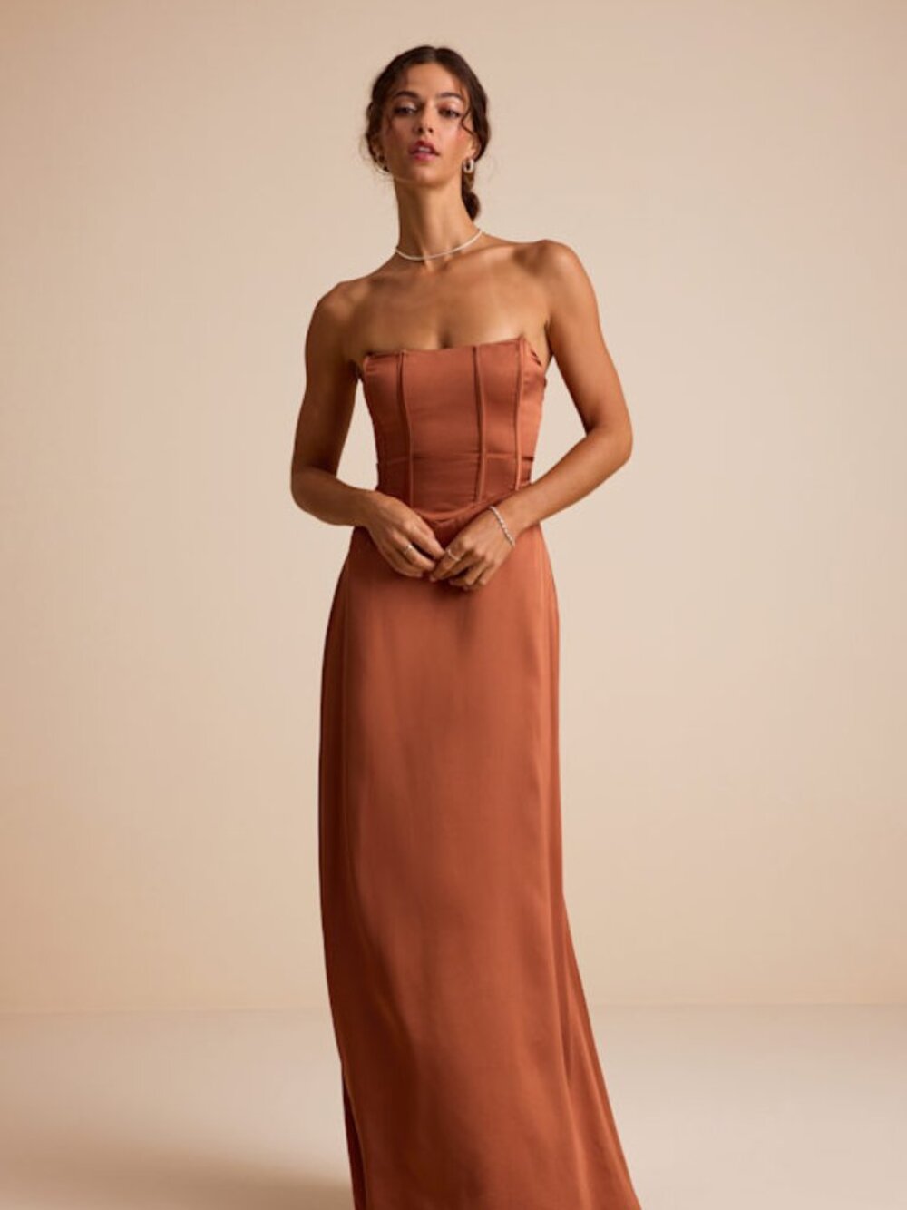 Lulus Extraordinary Presence Rust Brown Satin Strapless Maxi Dress - Size M